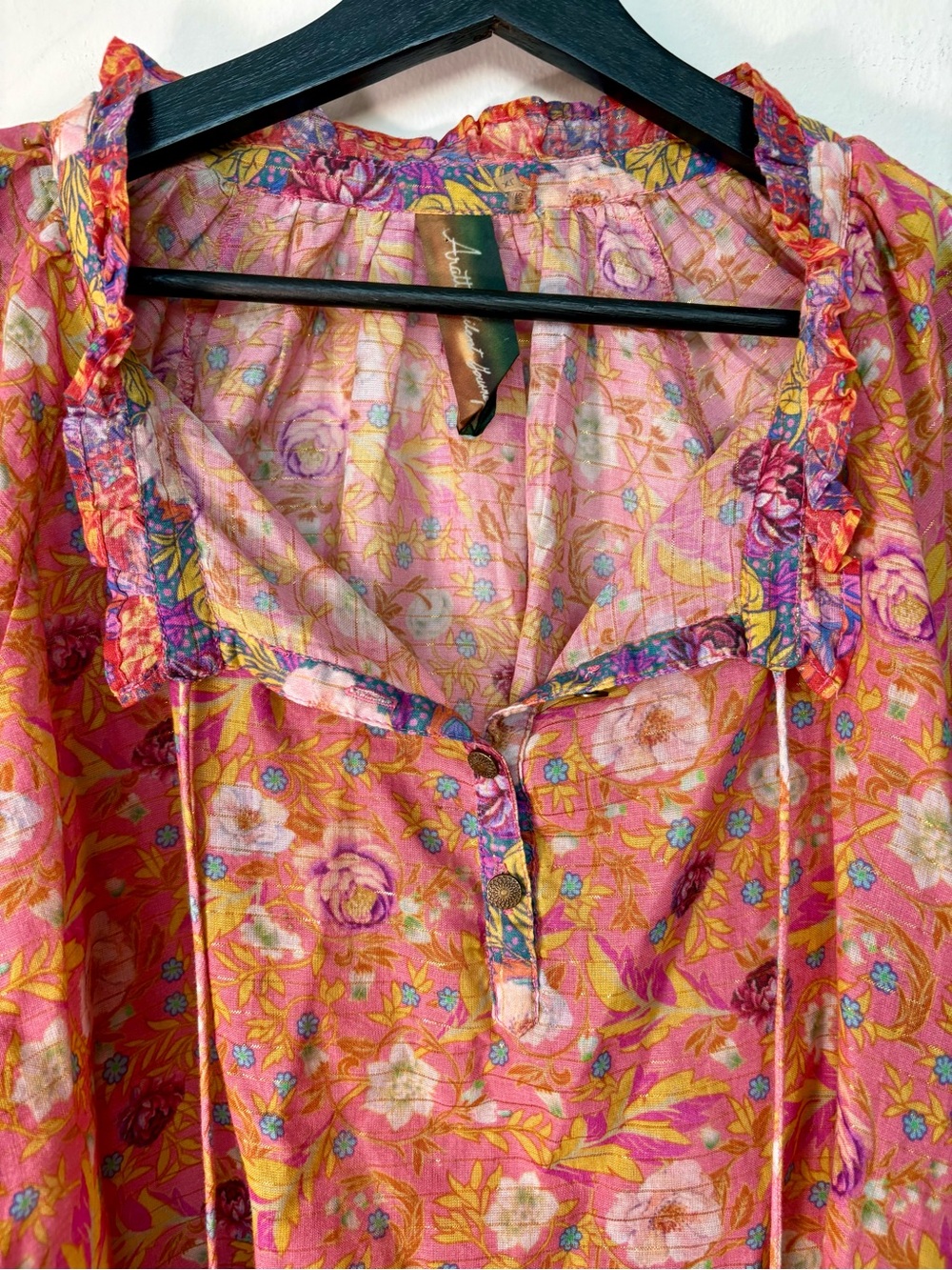 Aratta Gold Tinsel Women’s Silent Journey Ruched Floral Blouse Size XL Sku#158 - Picture 3 of 11